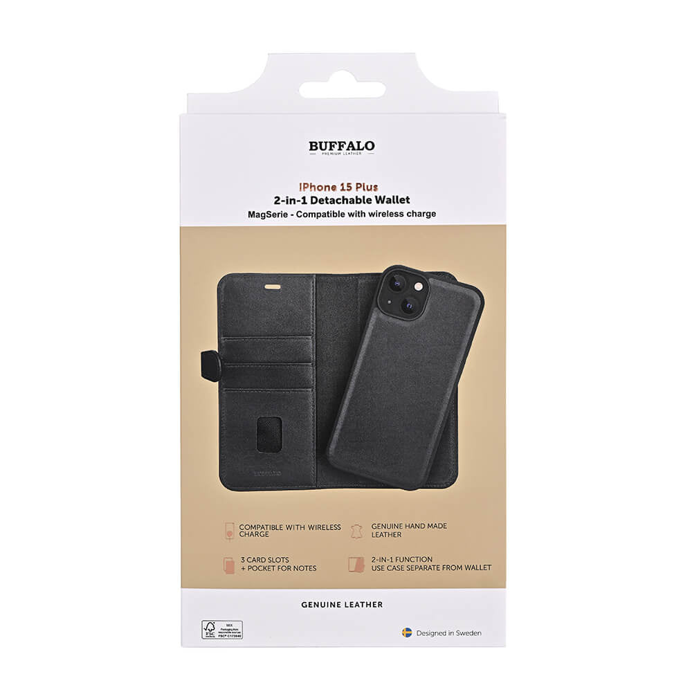 iPhone 15 Plus Læder Cover med kortholder 2in1 3 Magserie – Sort – Buffalo