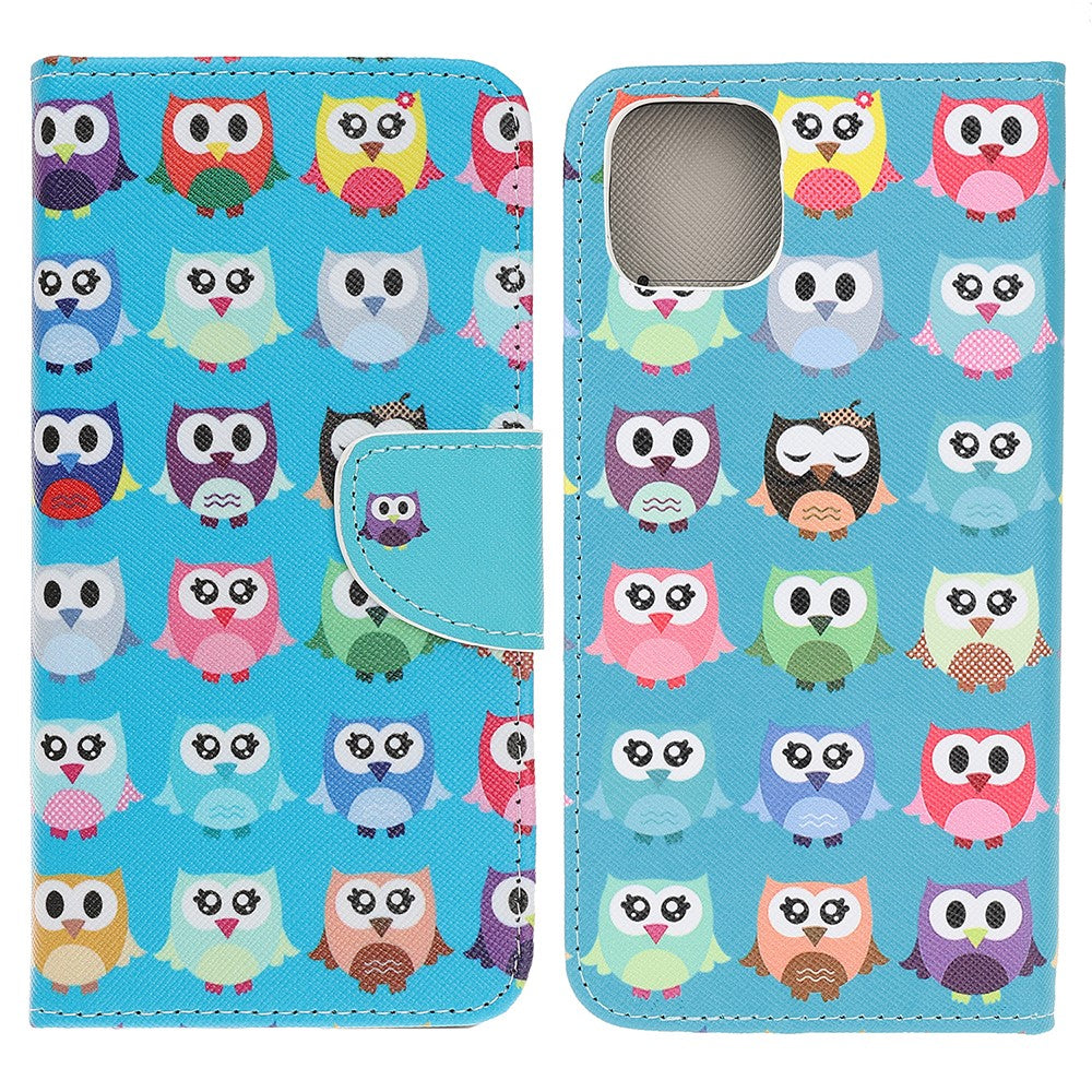 iPhone 13 Pro Læder Wallet Flip Cover Stand Shock Design Cross Texture Absorbed Cute Owls