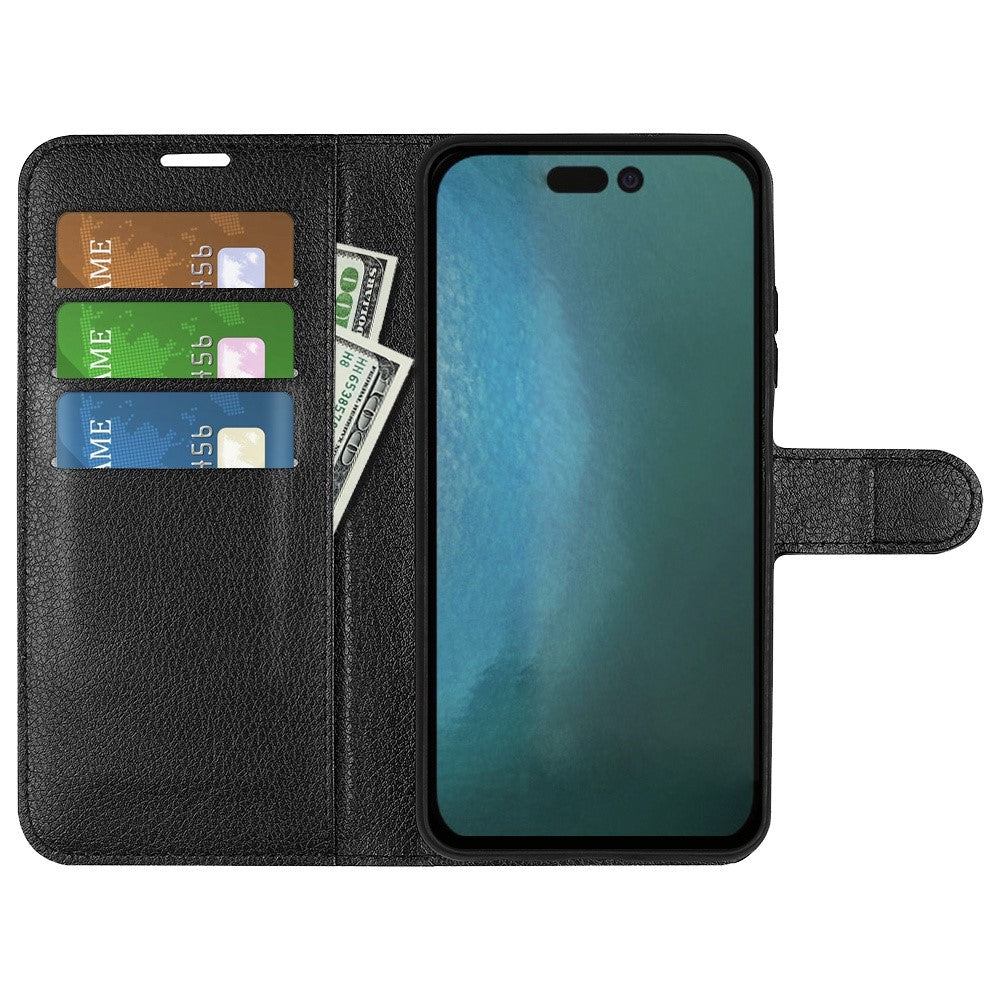 iPhone 14 Pro Max PU Wallet Flip Cover Stand Litchi Texture All Round Protection Magnetic – Sort - produktbillede 3