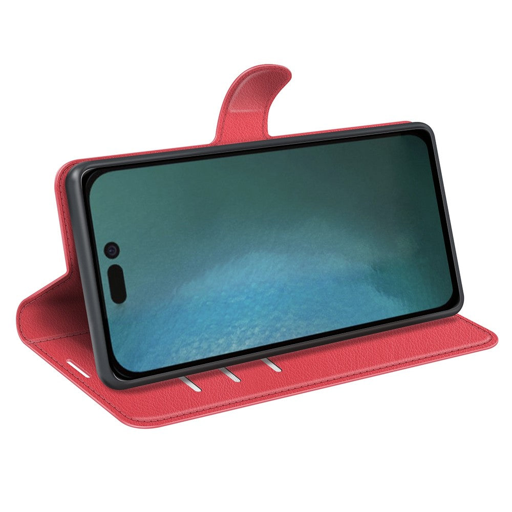 iPhone 14 Pro Max PU Wallet Flip Cover Stand Litchi Texture All Round Protection Magnetic – Rød - produktbillede 2