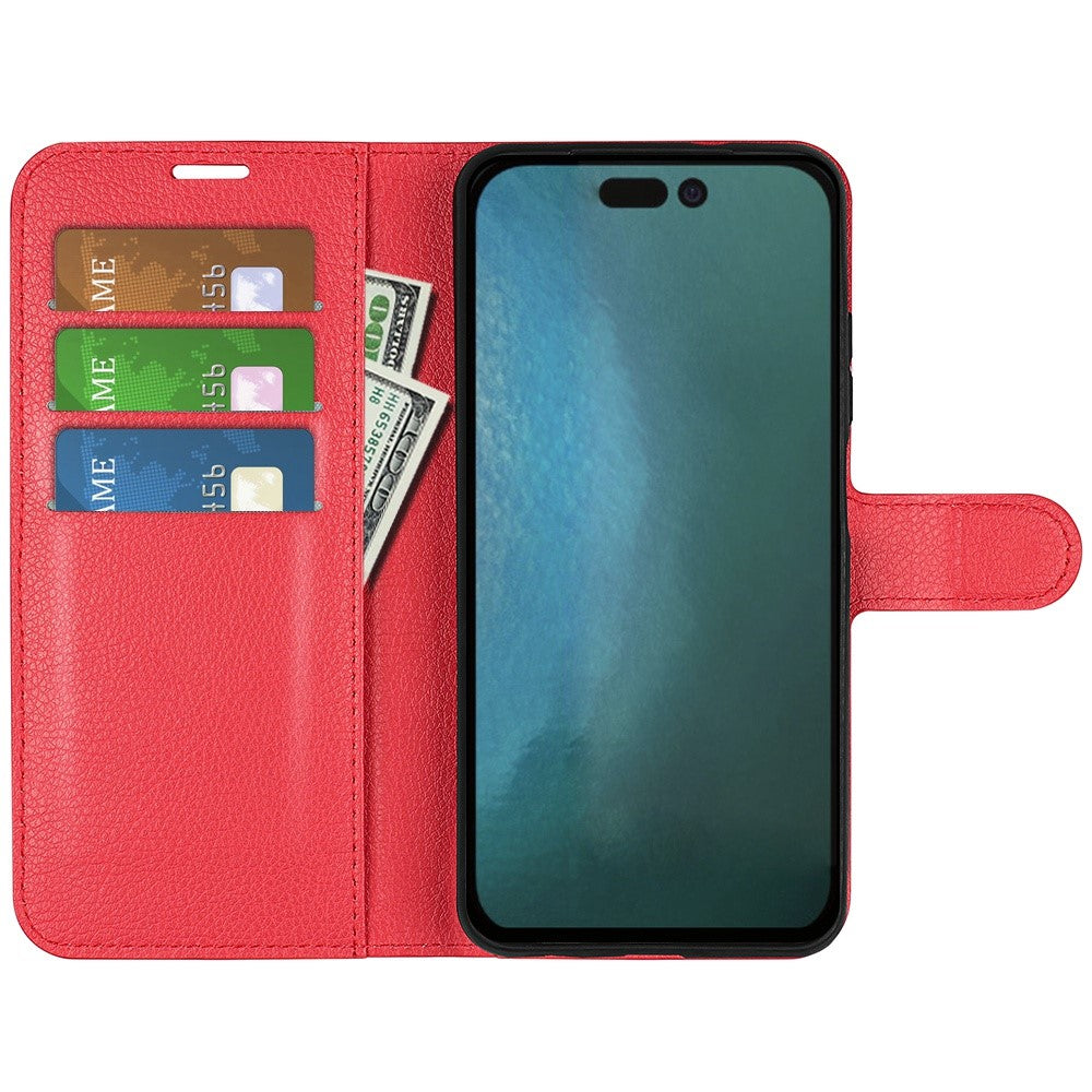 iPhone 14 Pro Max PU Wallet Flip Cover Stand Litchi Texture All Round Protection Magnetic – Rød - produktbillede 3