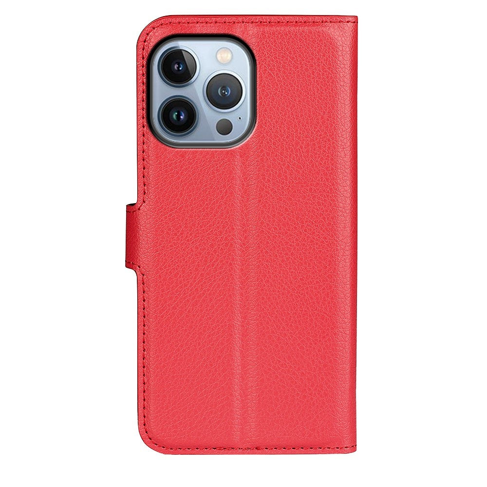 iPhone 14 Pro Max PU Wallet Flip Cover Stand Litchi Texture All Round Protection Magnetic – Rød - produktbillede 6