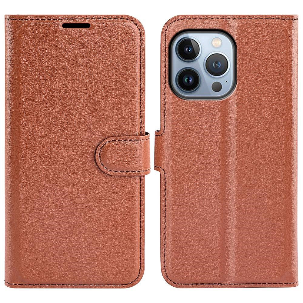 iPhone 14 Pro Max PU Wallet Flip Cover Stand Litchi Texture All Round Protection Magnetic – Brun - produktbillede 1