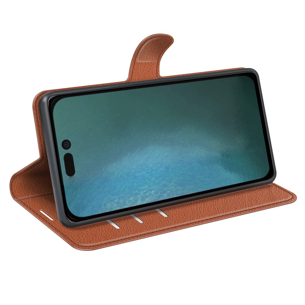 iPhone 14 Pro Max PU Wallet Flip Cover Stand Litchi Texture All Round Protection Magnetic – Brun - produktbillede 2