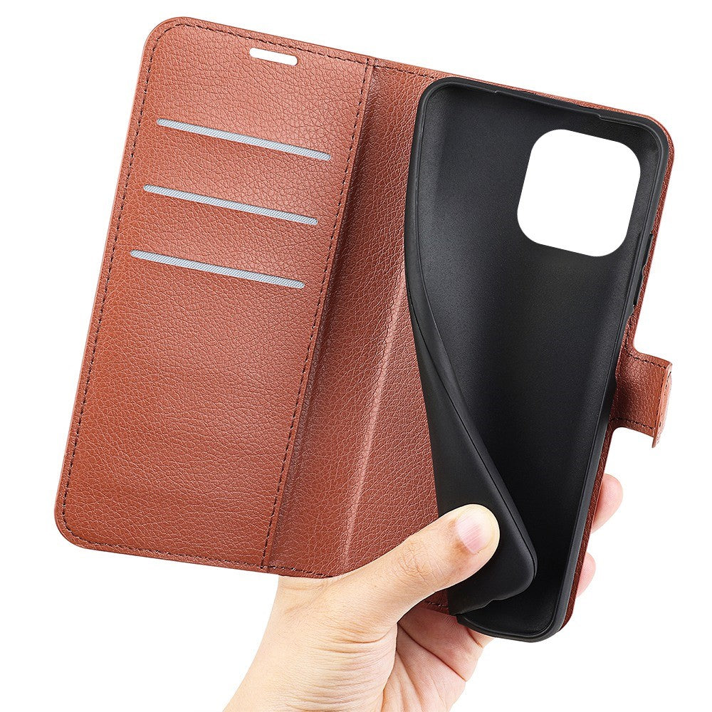iPhone 14 Pro Max PU Wallet Flip Cover Stand Litchi Texture All Round Protection Magnetic – Brun - produktbillede 4