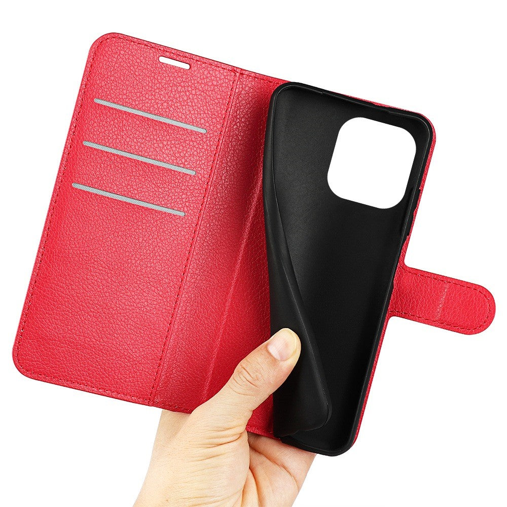 iPhone 14 Pro PU Wallet Flip Cover Stand Litchi Texture Anti Scratch Full – Rød - produktbillede 4