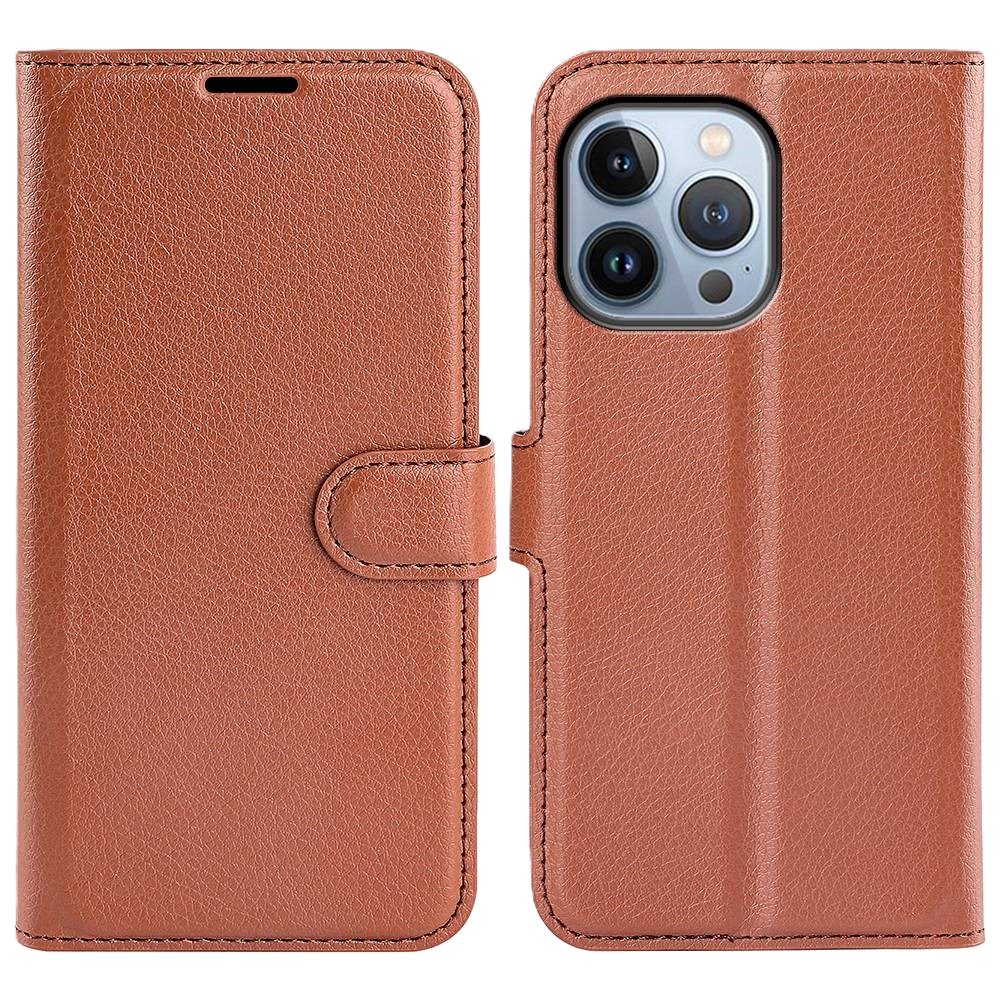 iPhone 14 Pro PU Wallet Flip Cover Stand Litchi Texture Anti Scratch Full – Brun