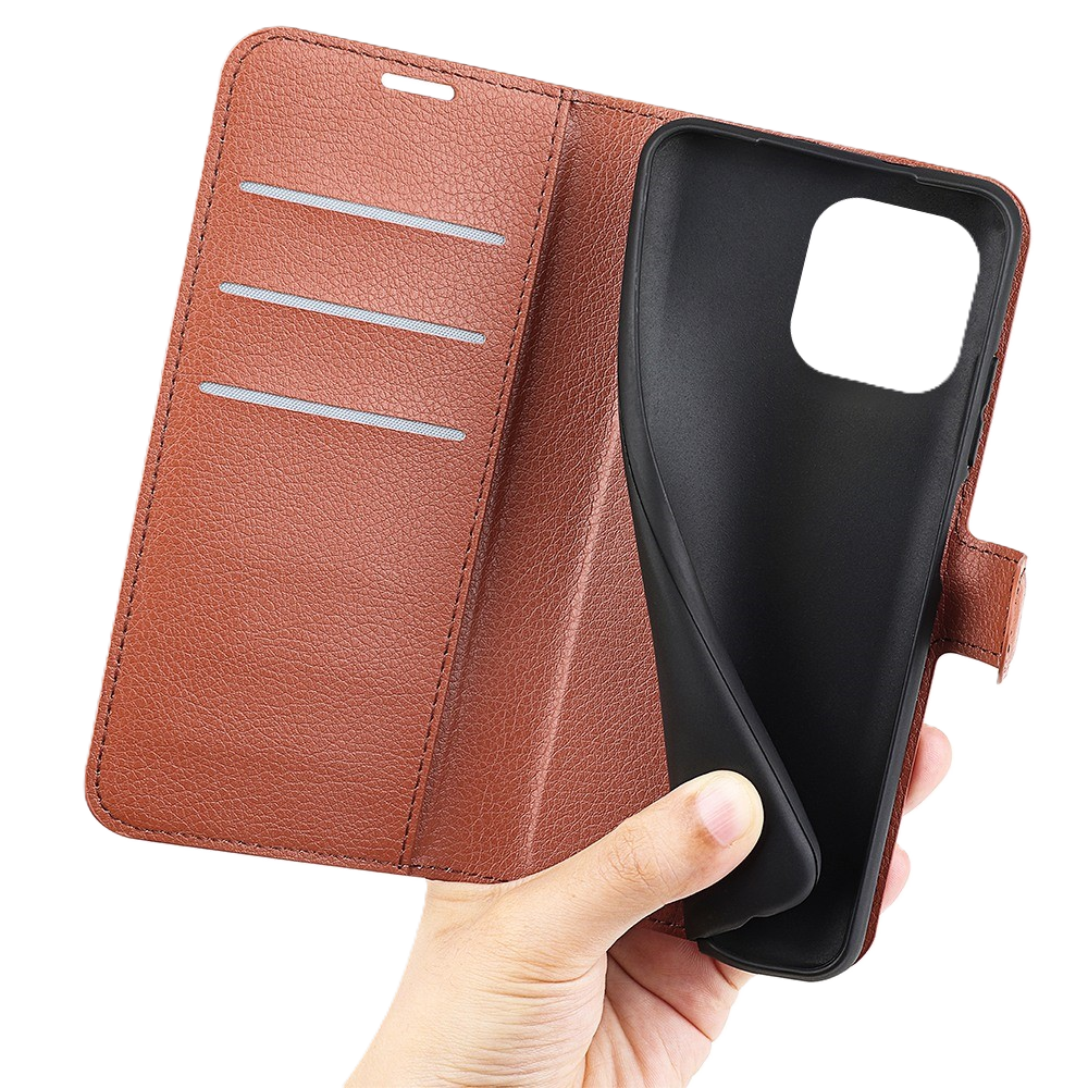 iPhone 14 Pro PU Wallet Flip Cover Stand Litchi Texture Anti Scratch Full – Brun