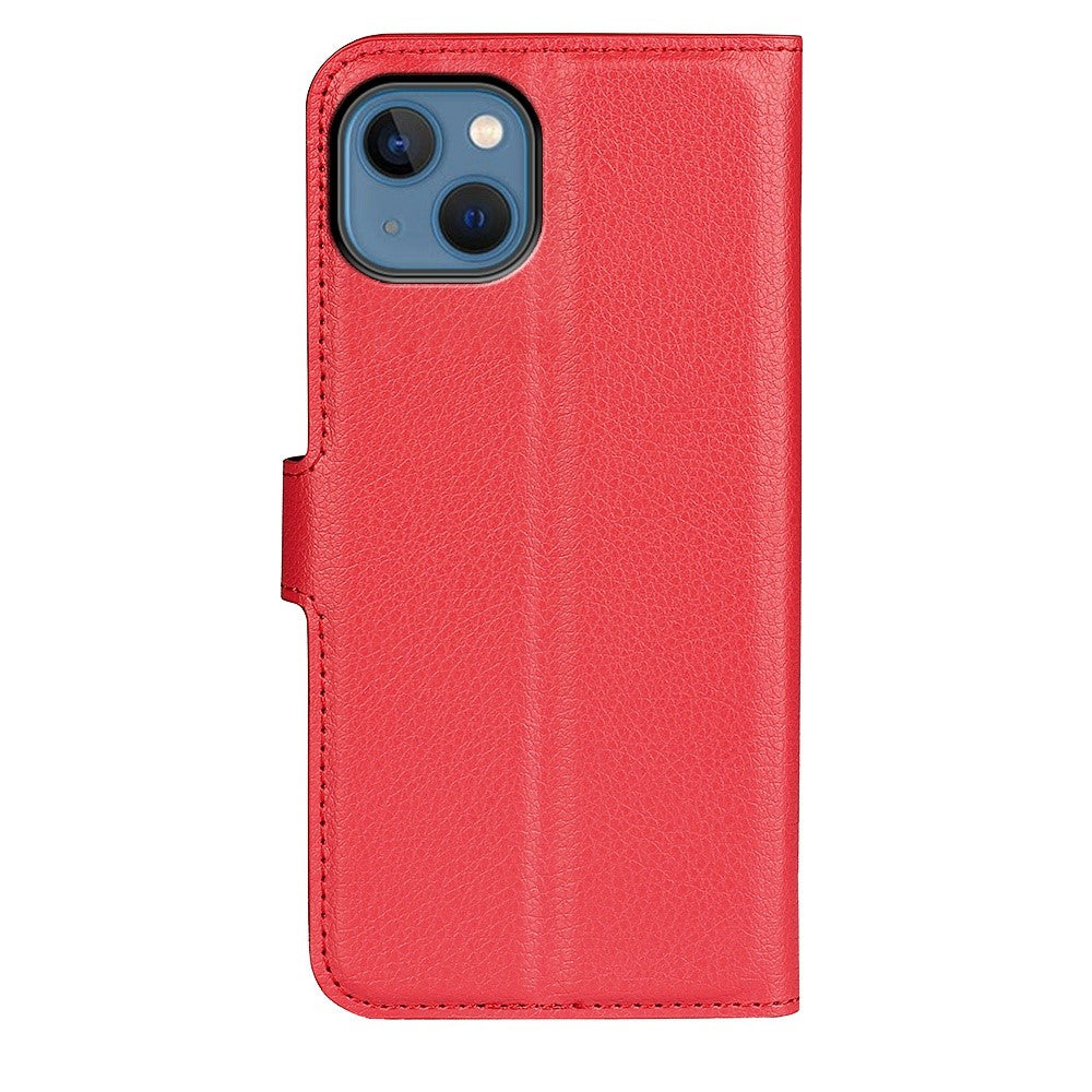 iPhone 14 PU Wallet Flip Cover Stand Litchi Texture All inclusive Protection – Rød - produktbillede 6