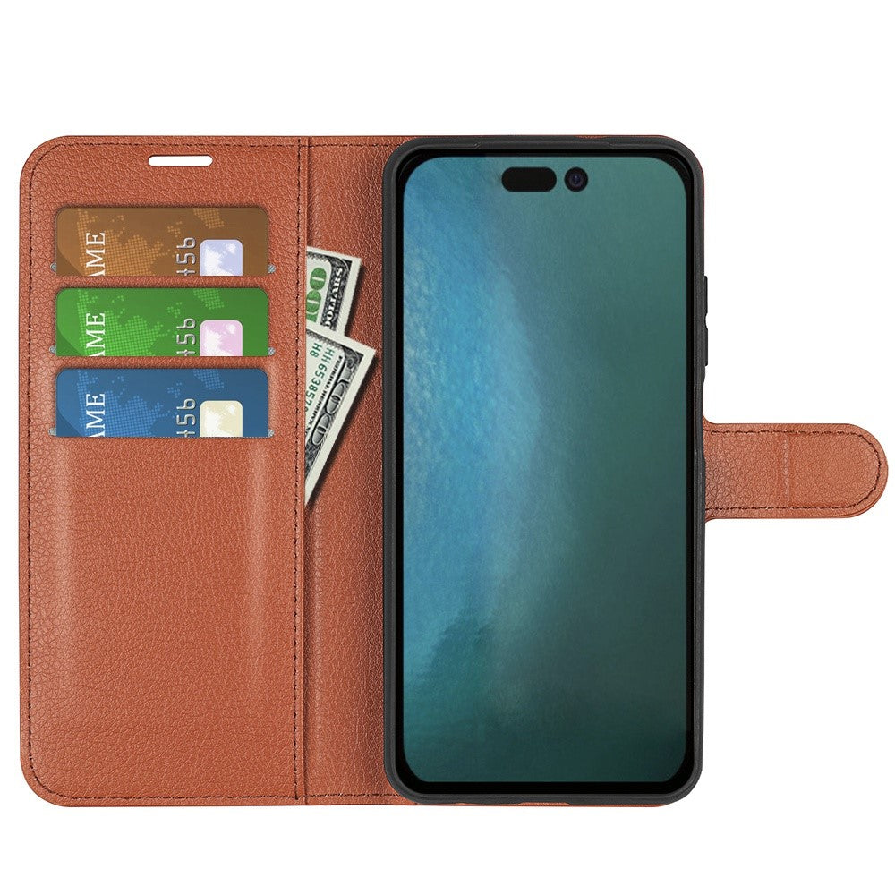 iPhone 14 PU Wallet Flip Cover Stand Litchi Texture All inclusive Protection – Brun - produktbillede 3