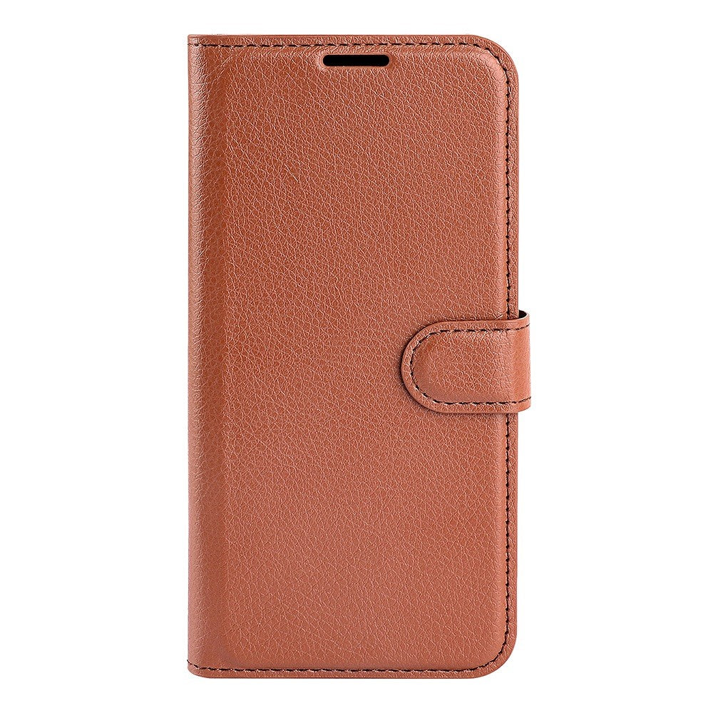 iPhone 14 PU Wallet Flip Cover Stand Litchi Texture All inclusive Protection – Brun - produktbillede 5