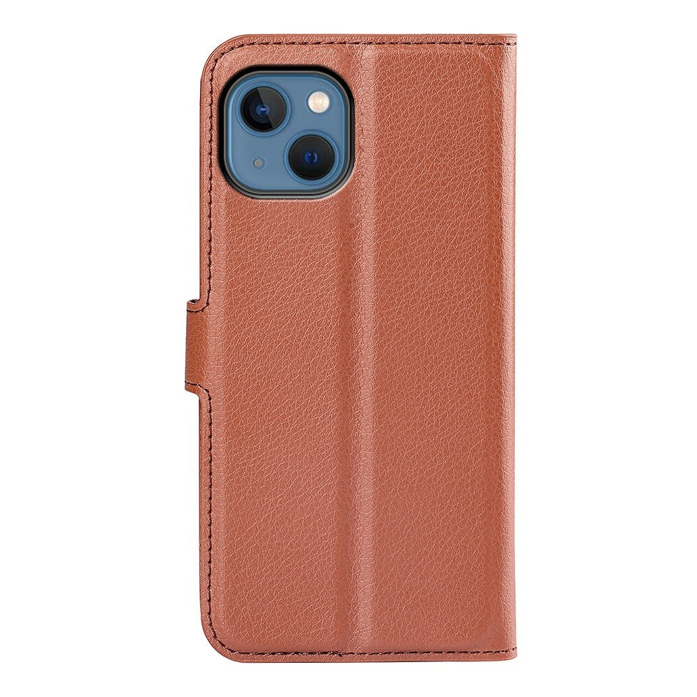 iPhone 14 PU Wallet Flip Cover Stand Litchi Texture All inclusive Protection – Brun - produktbillede 6