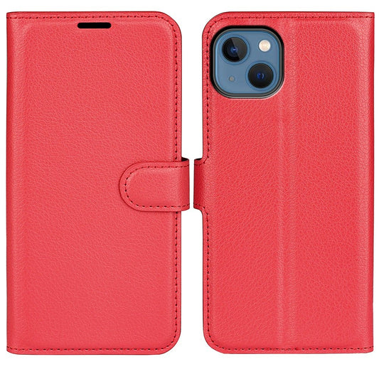 iPhone 14 Plus PU Wallet Flip Cover Stand Litchi Texture Collision Resistant Full – Rød - produktbillede 1