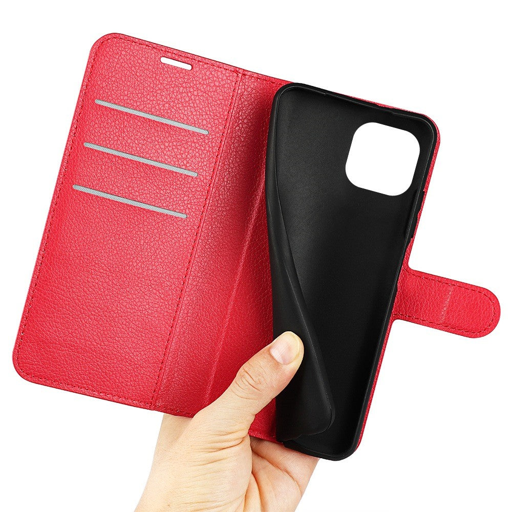 iPhone 14 Plus PU Wallet Flip Cover Stand Litchi Texture Collision Resistant Full – Rød - produktbillede 4