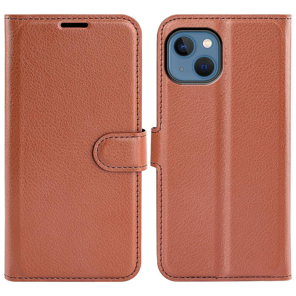 iPhone 14 Plus PU Wallet Flip Cover Stand Litchi Texture Collision Resistant Full – Brun - produktbillede 1