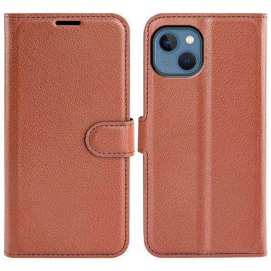 iPhone 14 Plus PU Wallet Flip Cover Stand Litchi Texture Collision Resistant Full – Brun - produktbillede 1