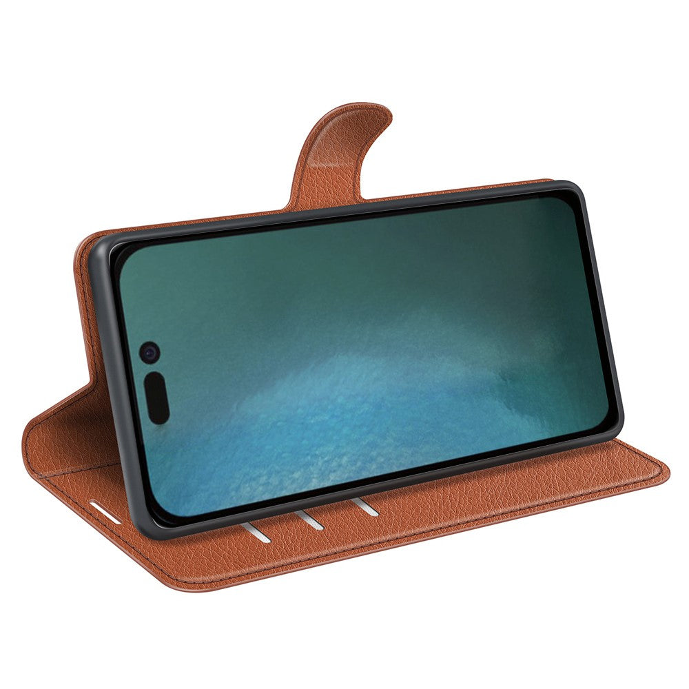 iPhone 14 Plus PU Wallet Flip Cover Stand Litchi Texture Collision Resistant Full – Brun - produktbillede 3