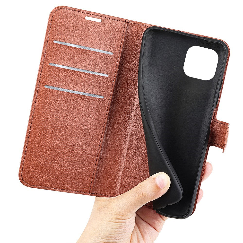 iPhone 14 Plus PU Wallet Flip Cover Stand Litchi Texture Collision Resistant Full – Brun - produktbillede 4
