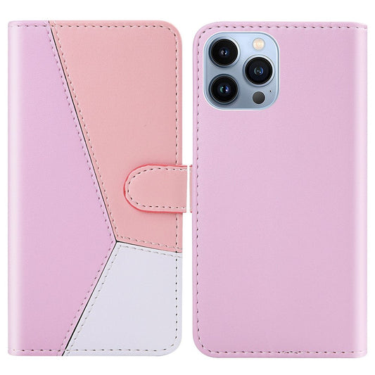 iPhone 14 Pro Max Læder Wallet Flip Cover Three color Splicing Folio – Lilla/Hvid/Pink - produktbillede 1