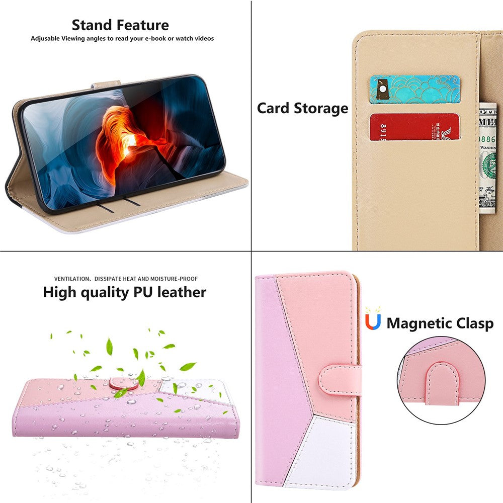iPhone 14 Pro TPU Wallet Flip Cover Stand Three color Splicing – Lilla/Hvid/Pink - produktbillede 6