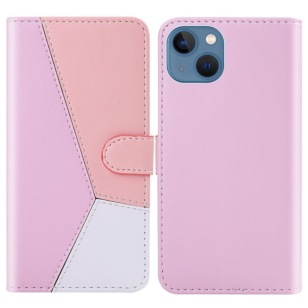 iPhone 14 PU Wallet Flip Cover Stand Three color Splicing Anti scratch – Lilla/Hvid/Pink - produktbillede 1