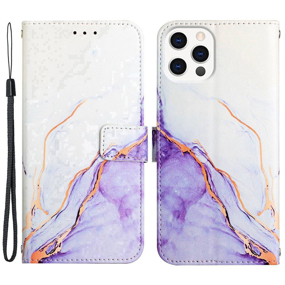 iPhone 14 Pro PU Wallet Flip Cover Stand YB Series 5 Marble Pattern Strap 006 – Lilla/Hvid - produktbillede 1