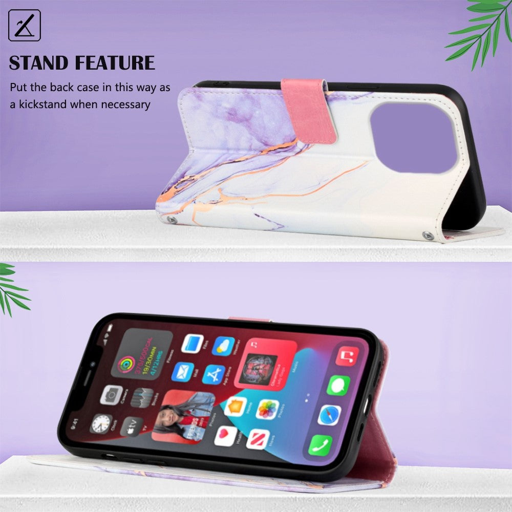 iPhone 14 Pro PU Wallet Flip Cover Stand YB Series 5 Marble Pattern Strap 006 – Lilla/Hvid - produktbillede 2