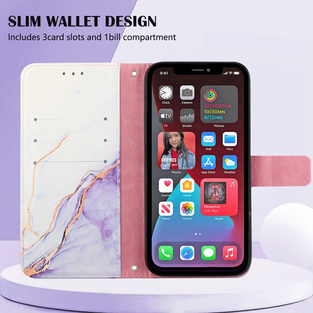 iPhone 14 Pro PU Wallet Flip Cover Stand YB Series 5 Marble Pattern Strap 006 – Lilla/Hvid - produktbillede 3