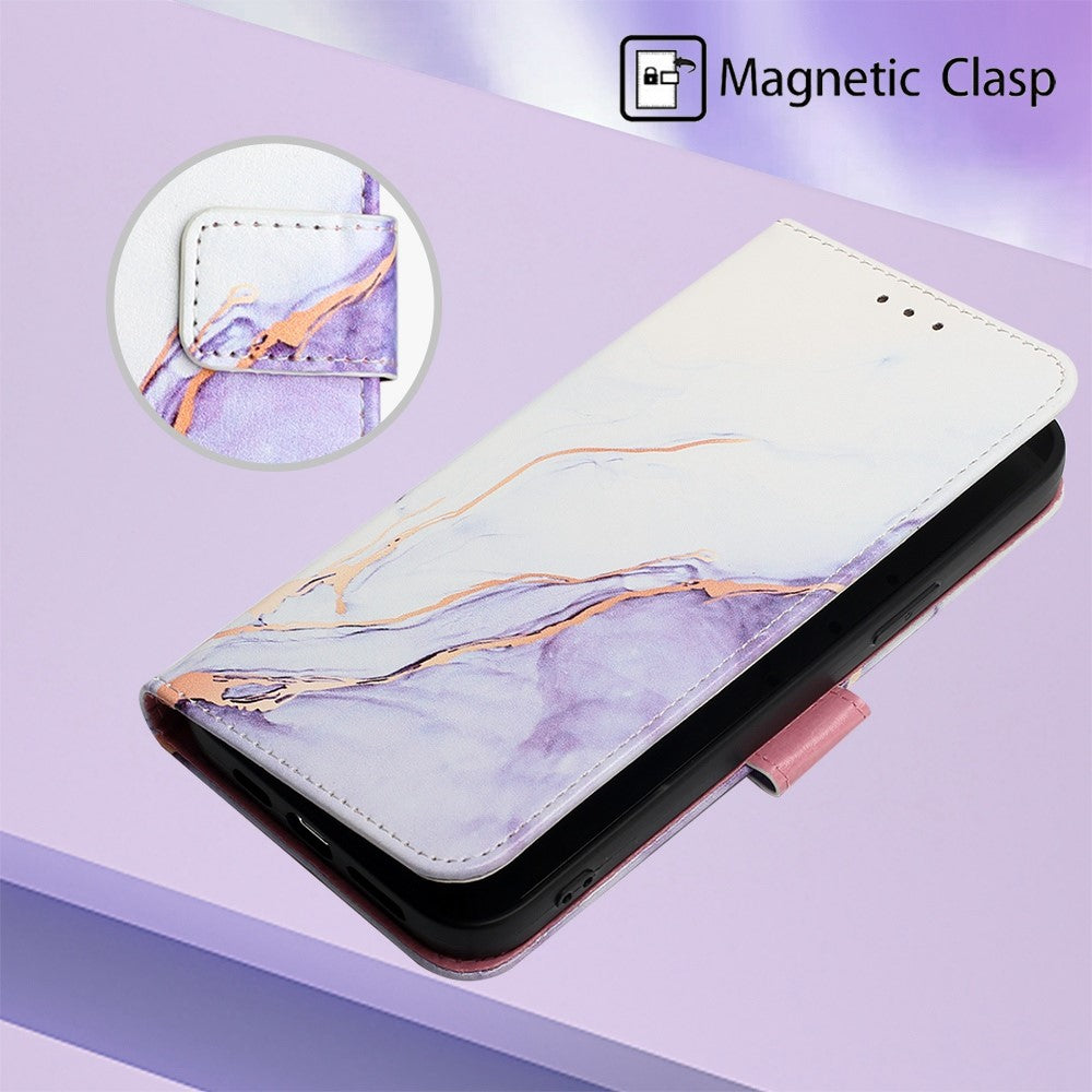 iPhone 14 Pro PU Wallet Flip Cover Stand YB Series 5 Marble Pattern Strap 006 – Lilla/Hvid - produktbillede 4
