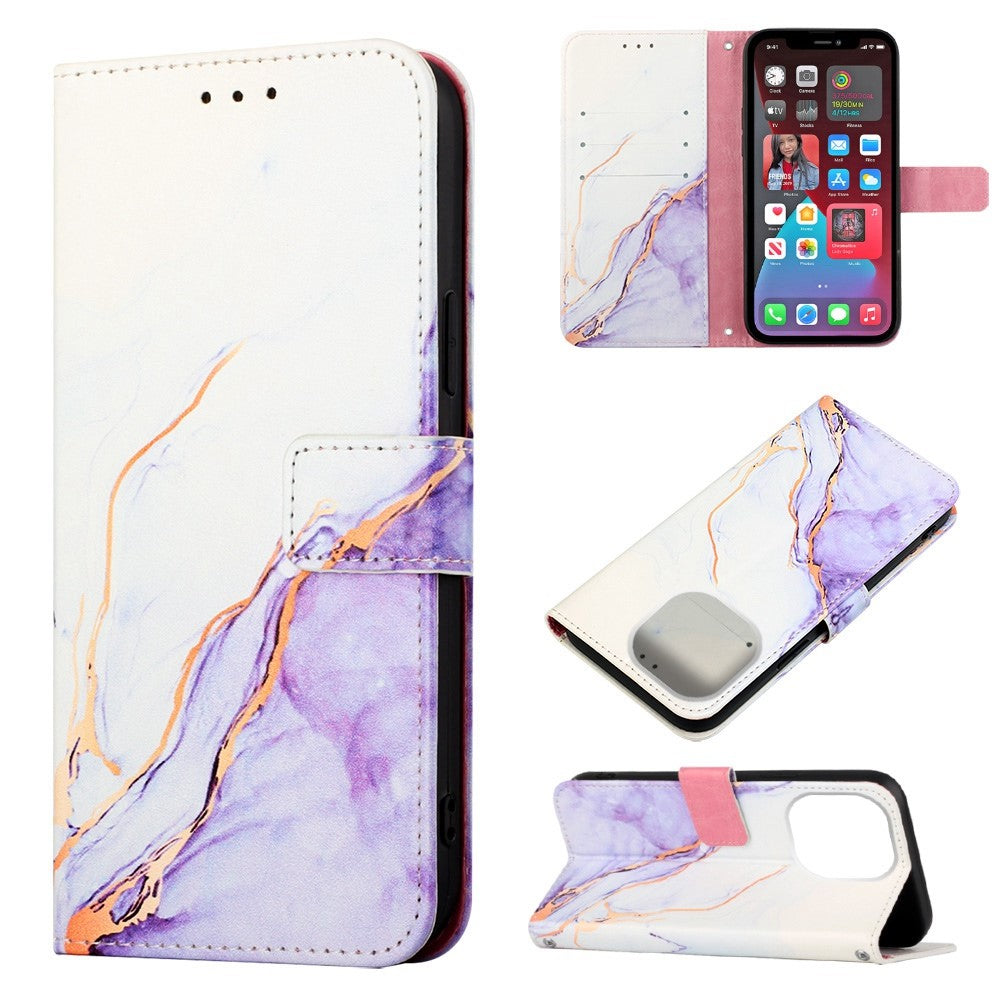 iPhone 14 Pro PU Wallet Flip Cover Stand YB Series 5 Marble Pattern Strap 006 – Lilla/Hvid - produktbillede 5