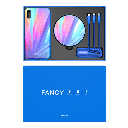 iPhone XS Max Cover Nillkin Fancy Tempered Glass Wireless Charger 3 in 1 Cable Charging Gift Set – Blå