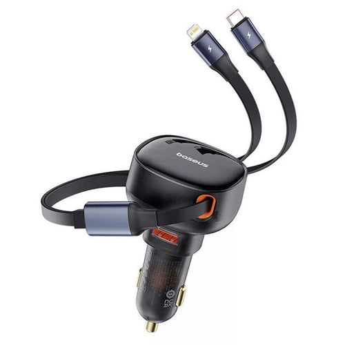 Enjoyment Pro 60W Car Charger USB Port Adapter with Type-C + iP Retractable Cable - Black