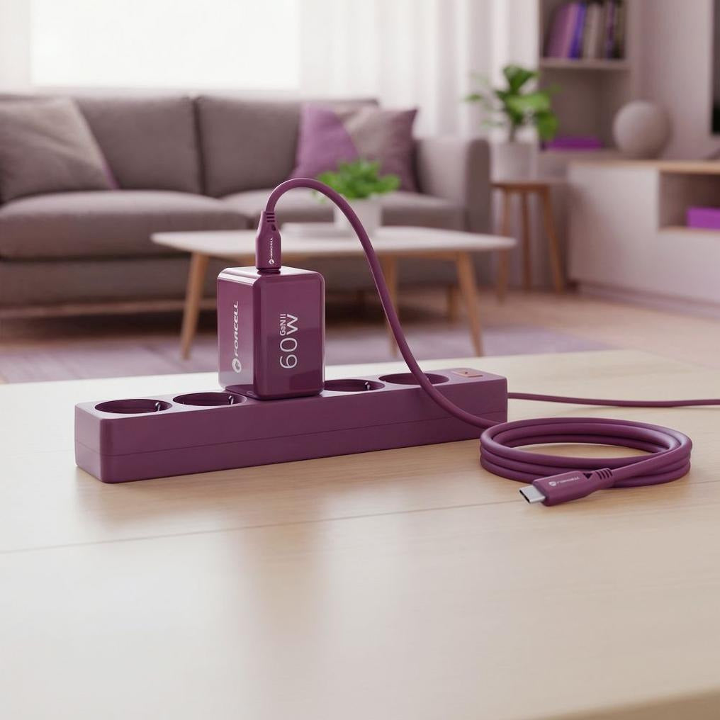Phone charger Forcell F-Energy GaN III Crystal Color 2x USB C AVS SSFC3.0 60W + silicone cable USB C to USB C VT-60 burgund - billede 3
