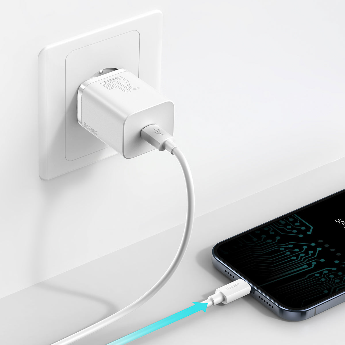 Baseus Super Si  quick charger  Type C / lightning incl.ledning  20W 3A (TZCCSUP-B02) white EOL - Brug TZCCSUP-L02