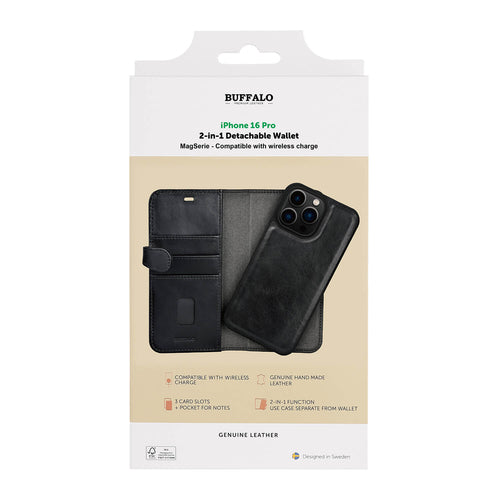 iPhone 16 Pro Læder Wallet Flip Cover 2 i 1 – Sort – Buffalo