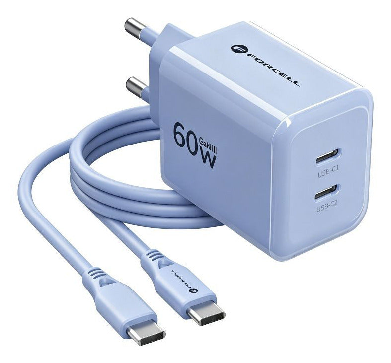 Phone charger Forcell F-Energy GaN III Crystal Color 2x USB C AVS SSFC3.0 60W + silicone cable USB C to USB C VT-60 blue