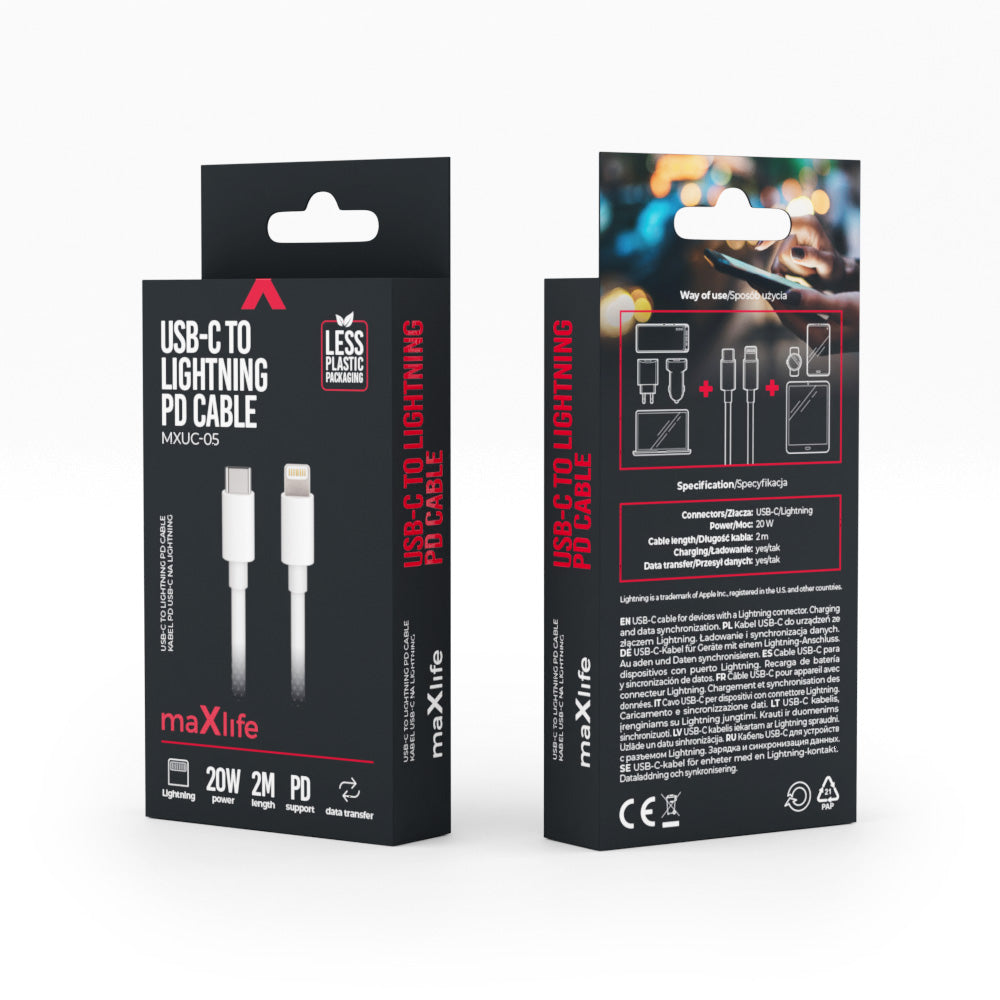 Maxlife Kabel USBC/LIghtning 2m hvid -