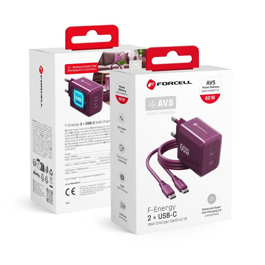 Phone charger Forcell F-Energy GaN III Crystal Color 2x USB C AVS SSFC3.0 60W + silicone cable USB C to USB C VT-60 burgund - billede 4