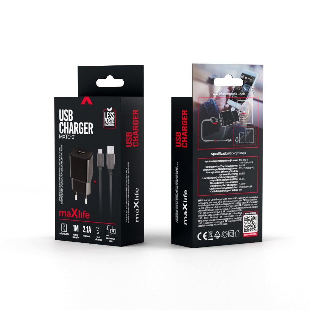 usb oplader med kabel 2.1A  Microusb sort