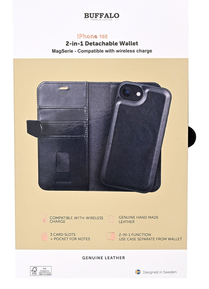 iPhone 16e / 17e Læder Wallet Flip Cover MagSeries med kortholder – Sort – Buffalo - billede 2