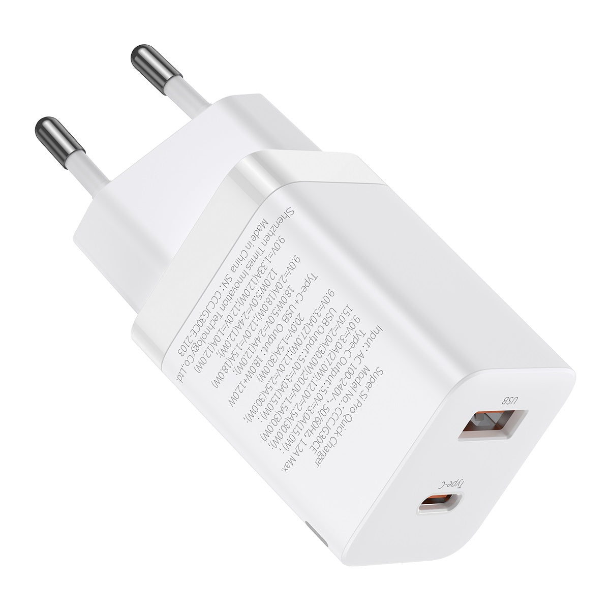 Baseus Oplader usb-a / usb-c  30watt hvid
