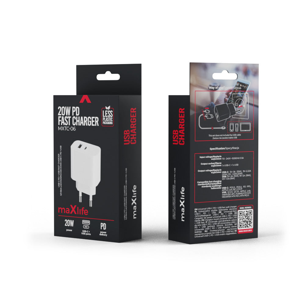 20W PD QC USB+USB-C Lade hvid