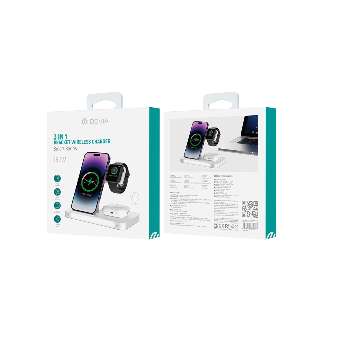 3i1 Trådløs oplader HVID  BRA013532 med LYS