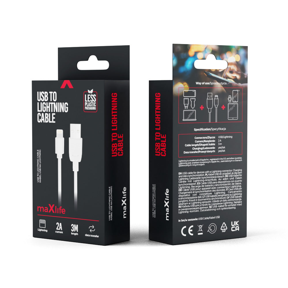 Maxlife cable USB - Lightning 3,0 m 2A white
