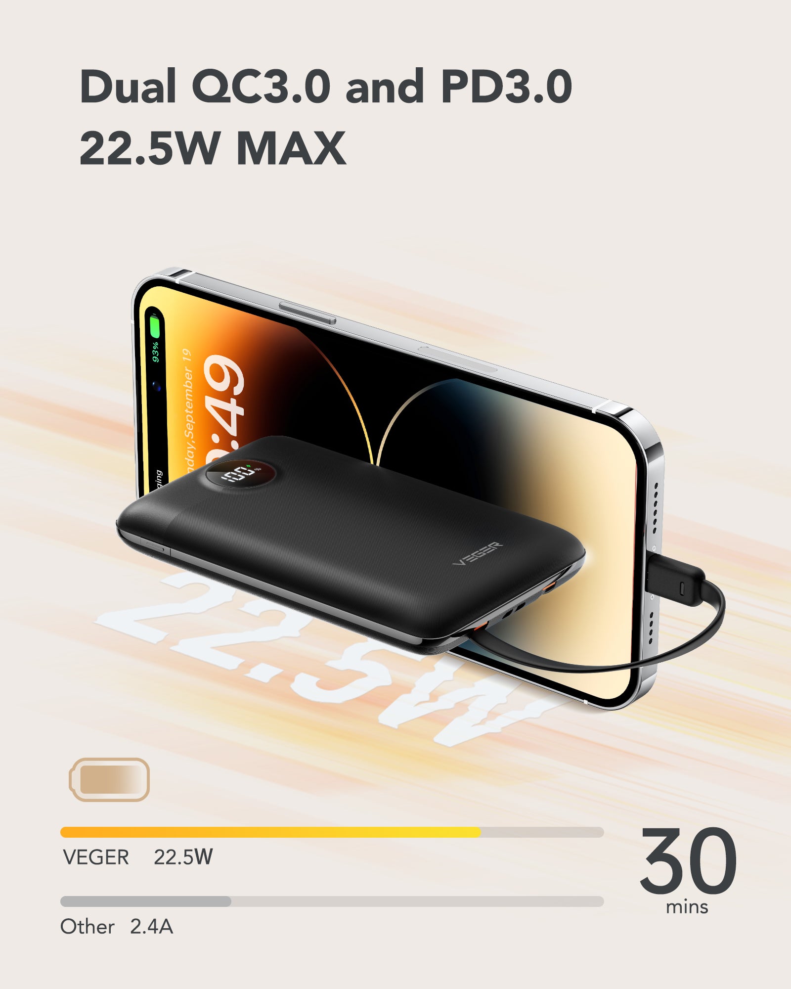 10000 mAh powerbank m/USBC+Lig - billede 4