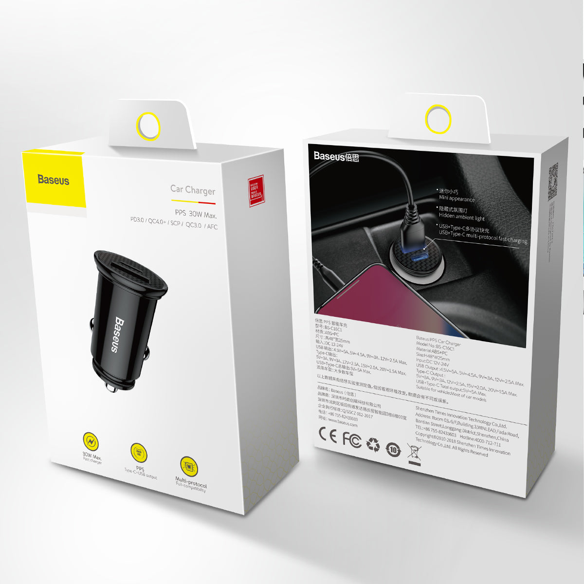 Baseus car charger USB-C - USB black Circular Plastic PD QC 3.0 PPS