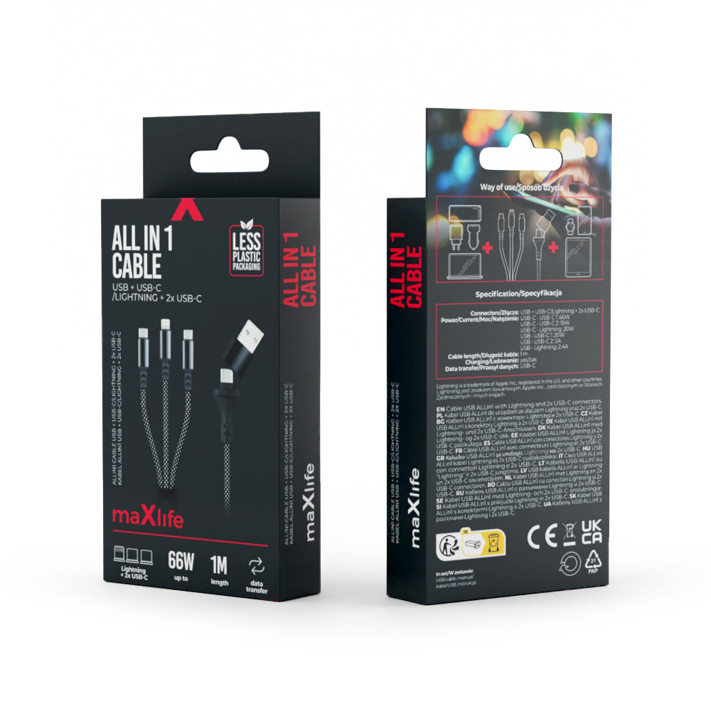 MaXlife Kabel USBA/ 3i1 . 1m 66W Sort
