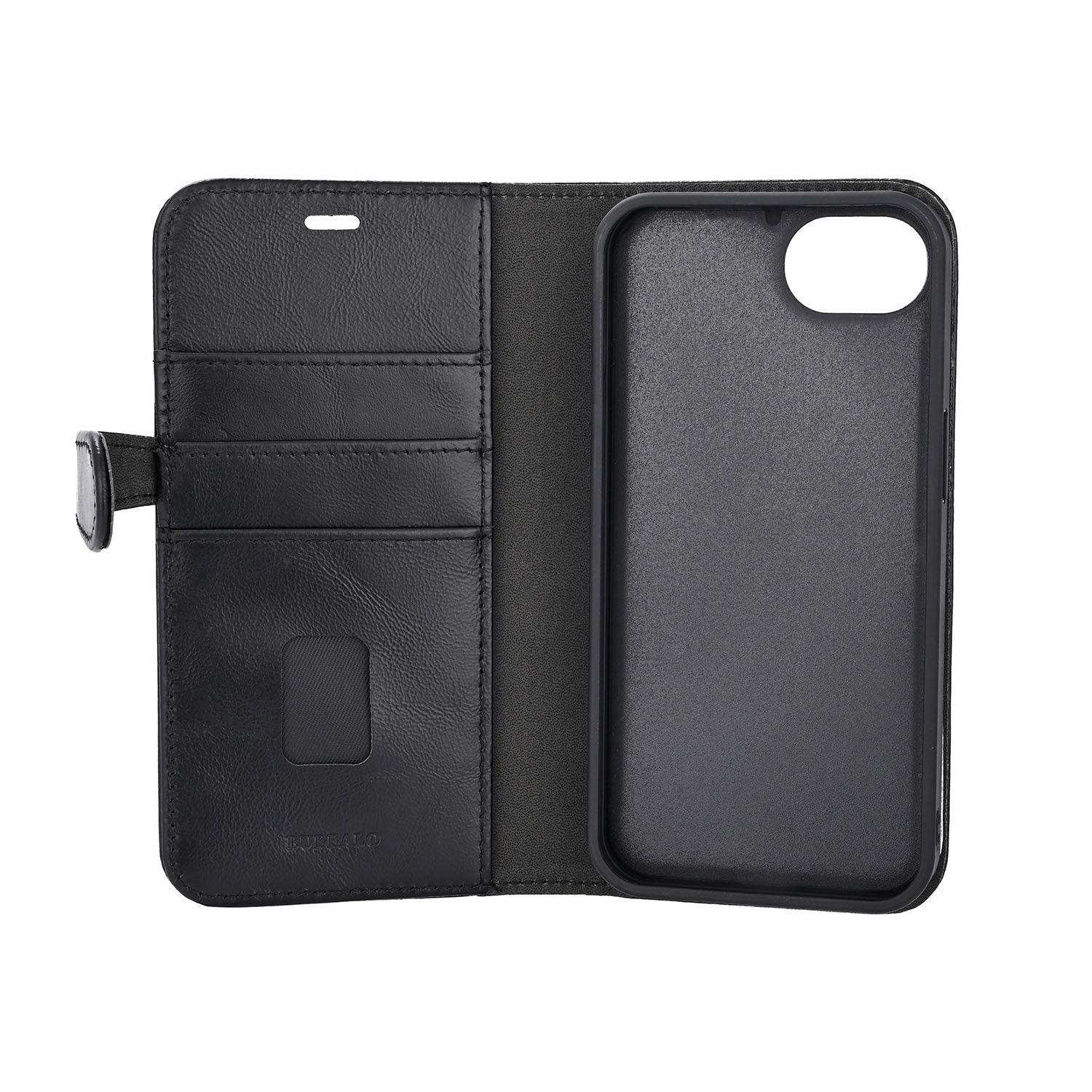 iPhone 16e / 17e Læder Wallet Flip Cover MagSeries med kortholder – Sort – Buffalo - billede 4