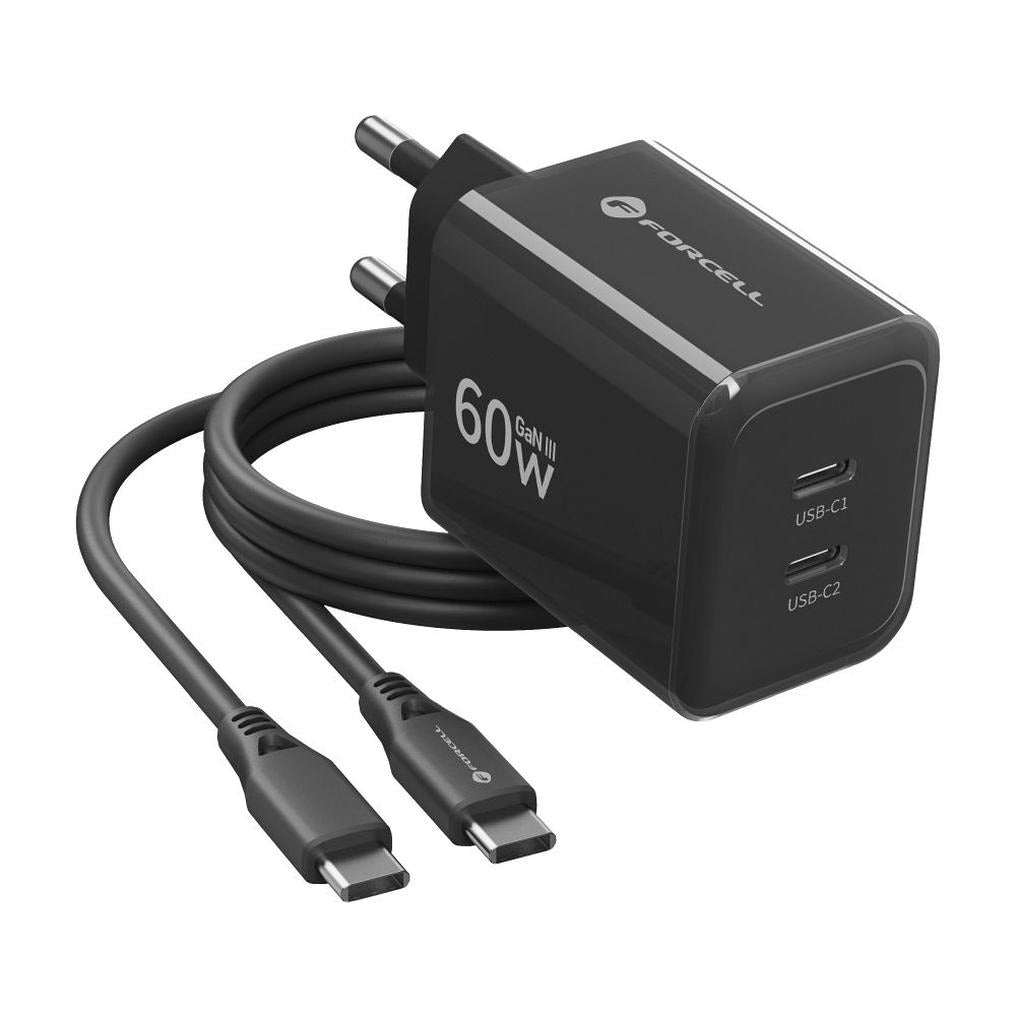 Forcell F-Energy Oplader GaN III Crystal Color 2x USB C AVS SSFC3.0 60W + silicone cable USB C to USB C VT-60 black