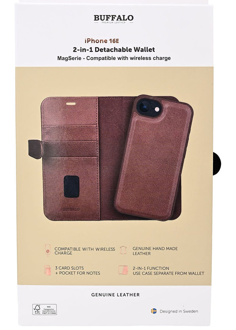 iPhone 16e / 17e Læder Wallet Flip Cover MagSeries med kortholder – Brun – Buffalo - billede 2